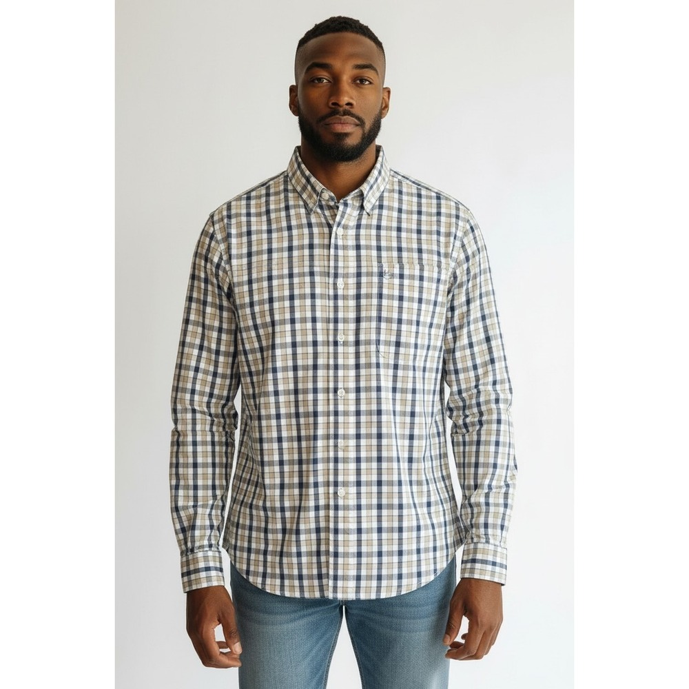 Austin Clothing Co Mens Large Classic Fit Plaid Button Down Shirt Navy Tan White